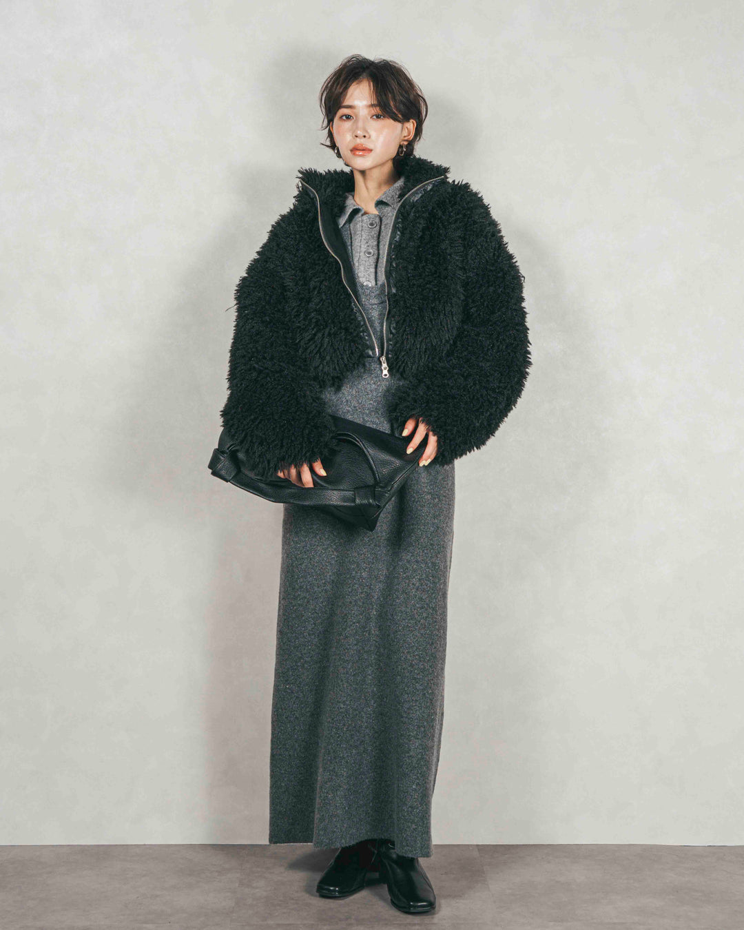 ［SET］プードルボアZipショートコート+メランジKnitロングワンピース（2SET）