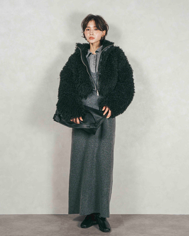 ［SET］プードルボアZipショートコート+メランジKnitロングワンピース（2SET）