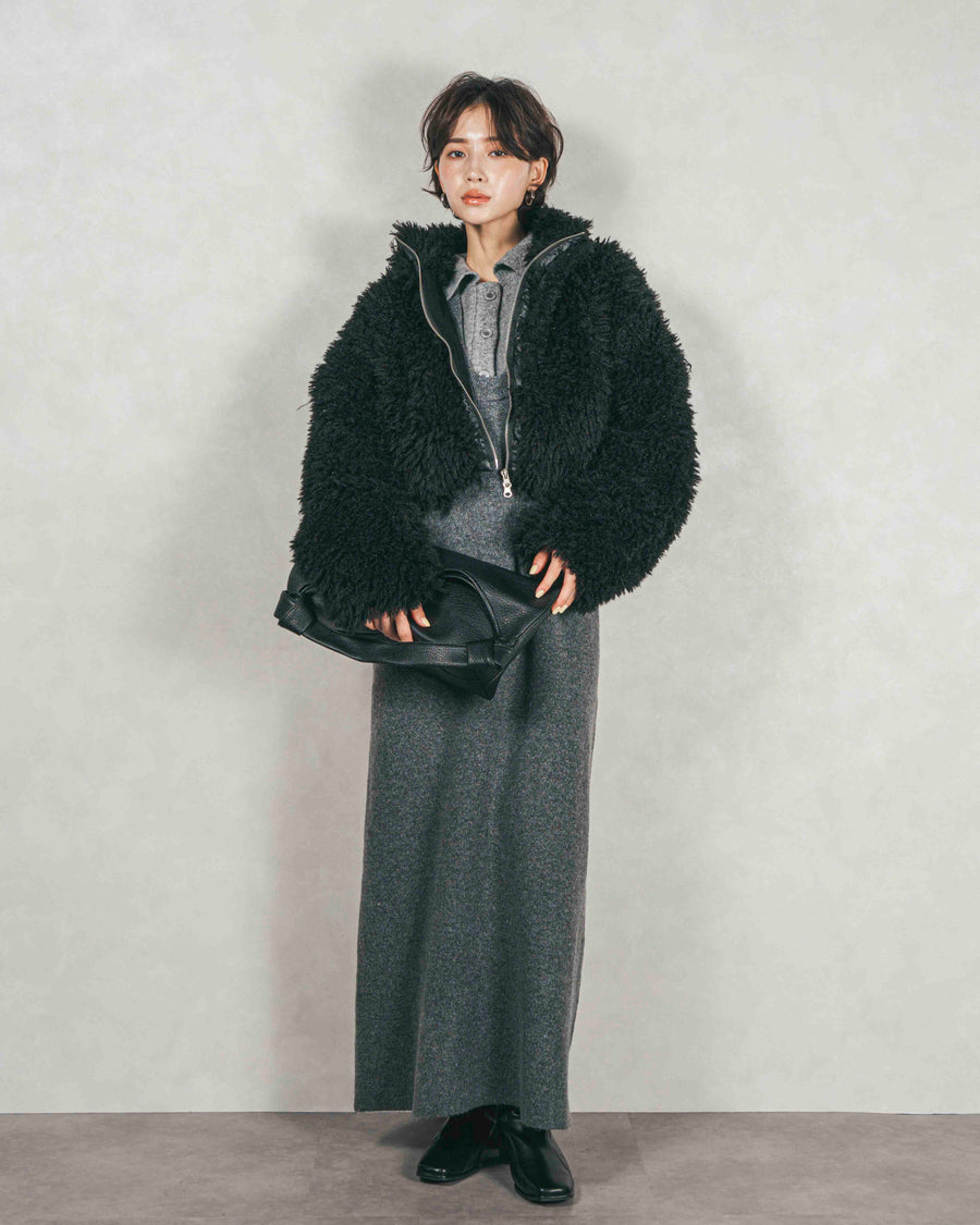 ［SET］プードルボアZipショートコート+メランジKnitロングワンピース（2SET）