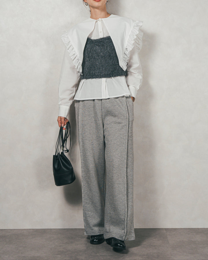 ［SET］2WAYビッグフリルカラーブラウス+モヘアタッチKnitビスチェ+2-Way ウェーブデザインスウェットパンツ（3SET）