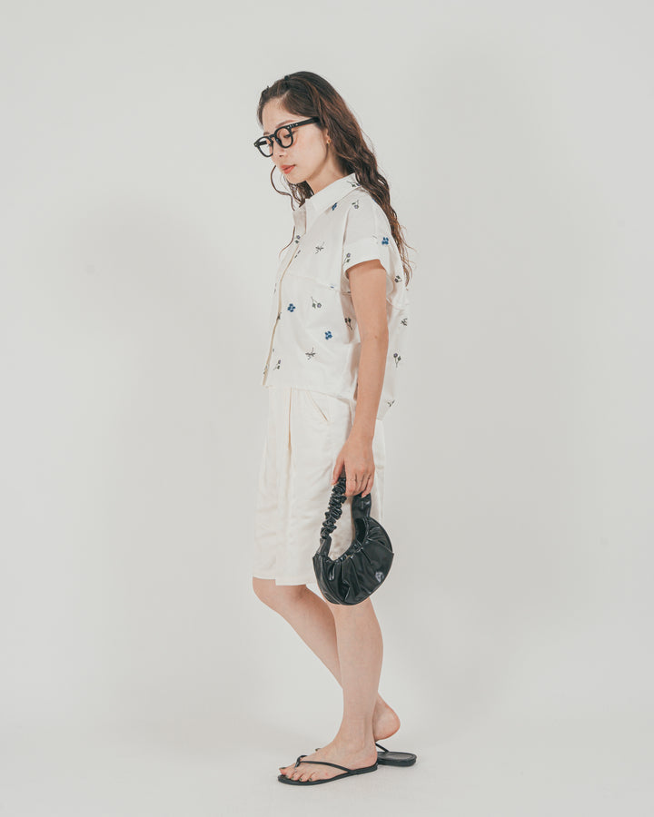 ［SET］Flower刺繍コクーンシャツ + Vintageサテン　ハーフパンツ（2SET）