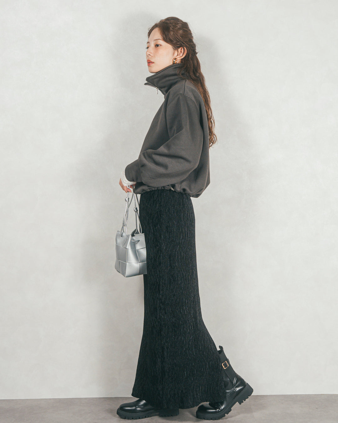 ［SET］裏起毛ハーフZipスウェット+ベロアNarrowスカート（2SET）