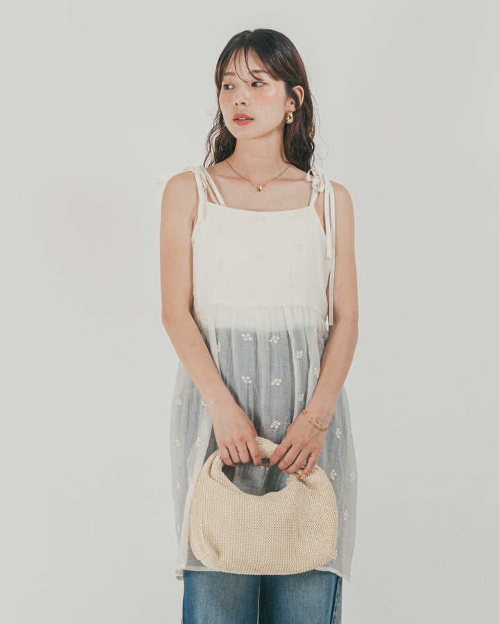 ［SET］ショルダーリボン刺繍Veilキャミ + 10oz サイドタック リラックスデニムパンツ（2SET）