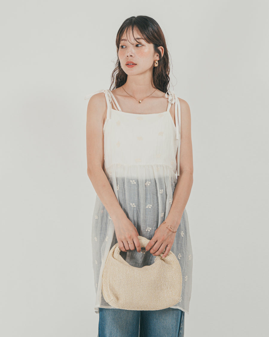 ［SET］ショルダーリボン刺繍Veilキャミ + 10oz サイドタック リラックスデニムパンツ（2SET）