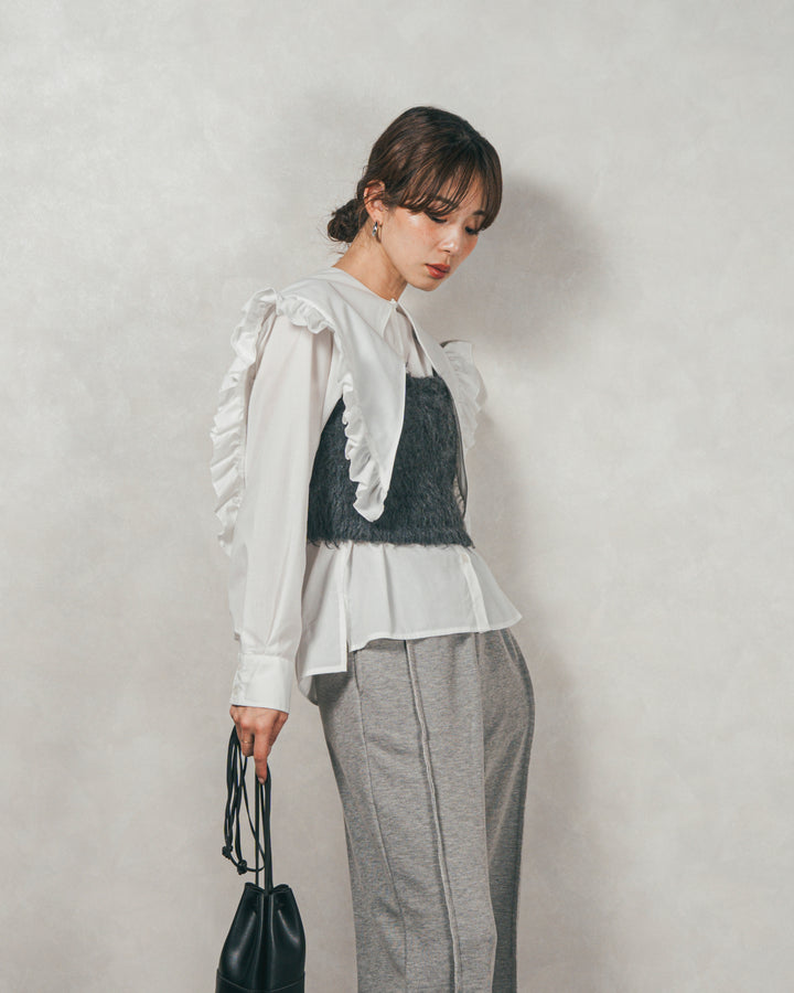 ［SET］2WAYビッグフリルカラーブラウス+モヘアタッチKnitビスチェ+2-Way ウェーブデザインスウェットパンツ（3SET）