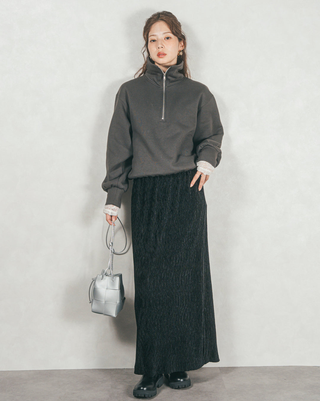 ［SET］裏起毛ハーフZipスウェット+ベロアNarrowスカート（2SET）