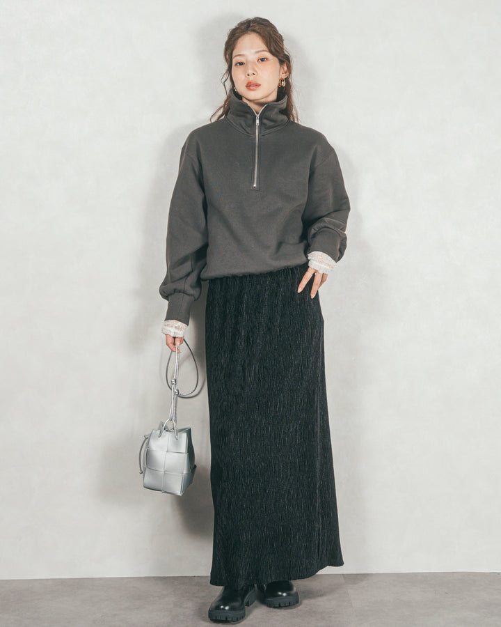 ［SET］裏起毛ハーフZipスウェット+ベロアNarrowスカート（2SET）