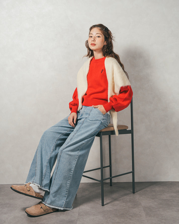 スウェットライクロゴ刺繍ニット (RED)