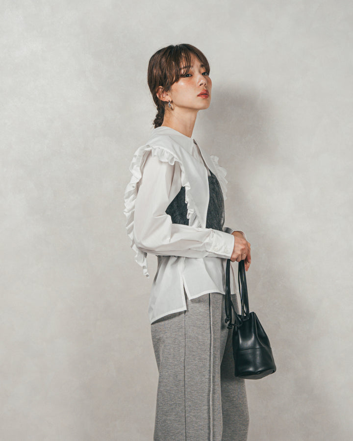 ［SET］2WAYビッグフリルカラーブラウス+モヘアタッチKnitビスチェ+2-Way ウェーブデザインスウェットパンツ（3SET）