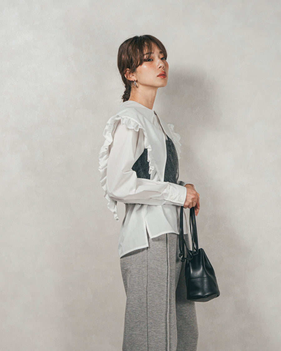 ［SET］2WAYビッグフリルカラーブラウス+モヘアタッチKnitビスチェ+2-Way ウェーブデザインスウェットパンツ（3SET）