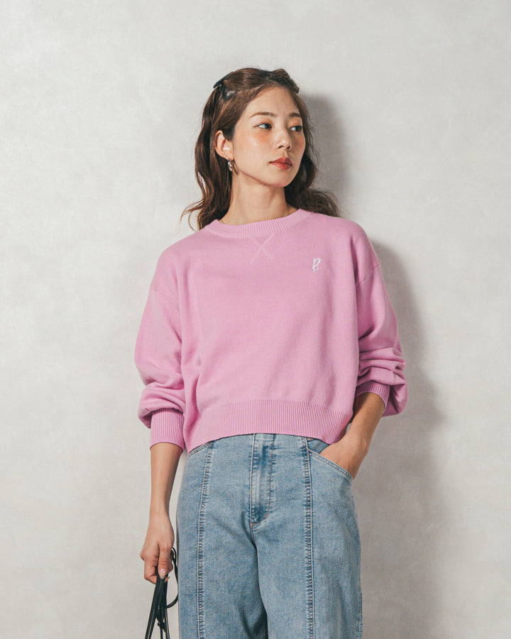 スウェットライクロゴ刺繍ニット (PINK)