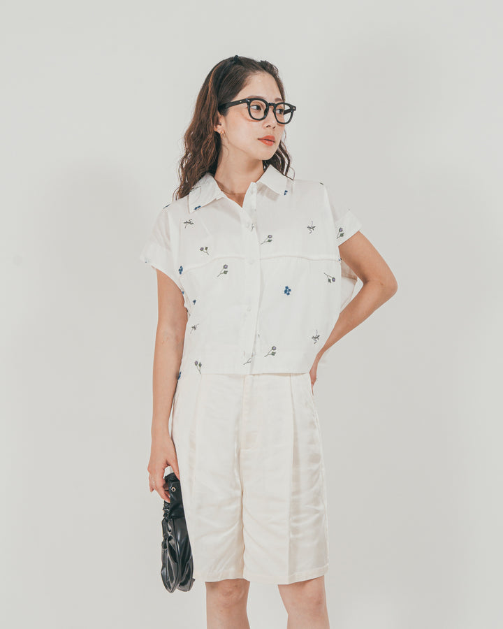 ［SET］Flower刺繍コクーンシャツ + Vintageサテン　ハーフパンツ（2SET）