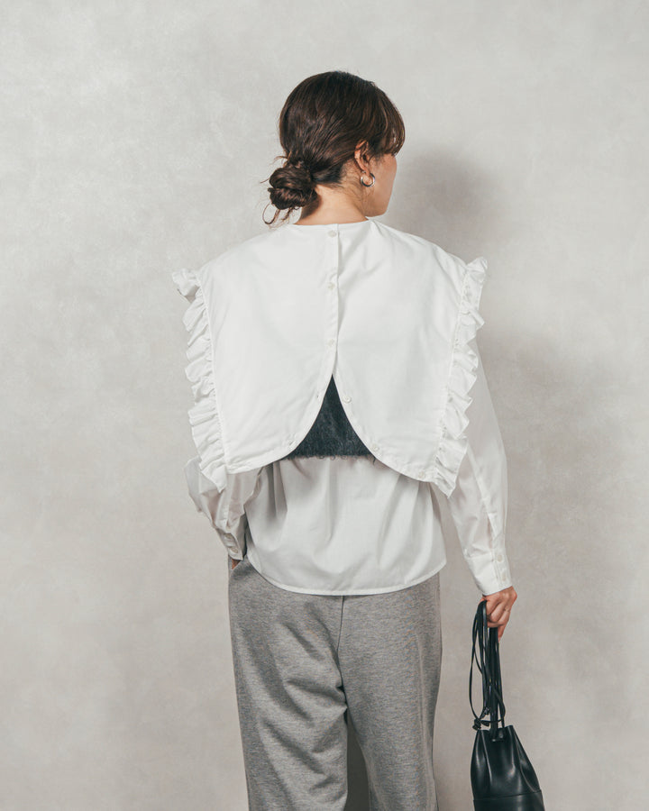 ［SET］2WAYビッグフリルカラーブラウス+モヘアタッチKnitビスチェ+2-Way ウェーブデザインスウェットパンツ（3SET）