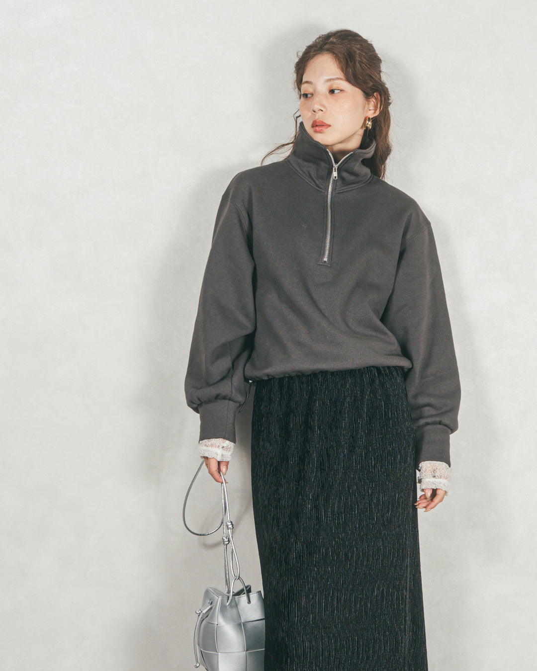 ［SET］裏起毛ハーフZipスウェット+ベロアNarrowスカート（2SET）