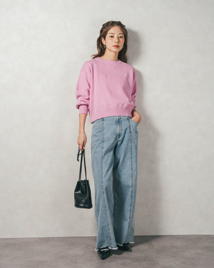 ［SET］スウェットライクロゴ刺繍ニット+センターシーム リラックスカラーデニム（2SET）
