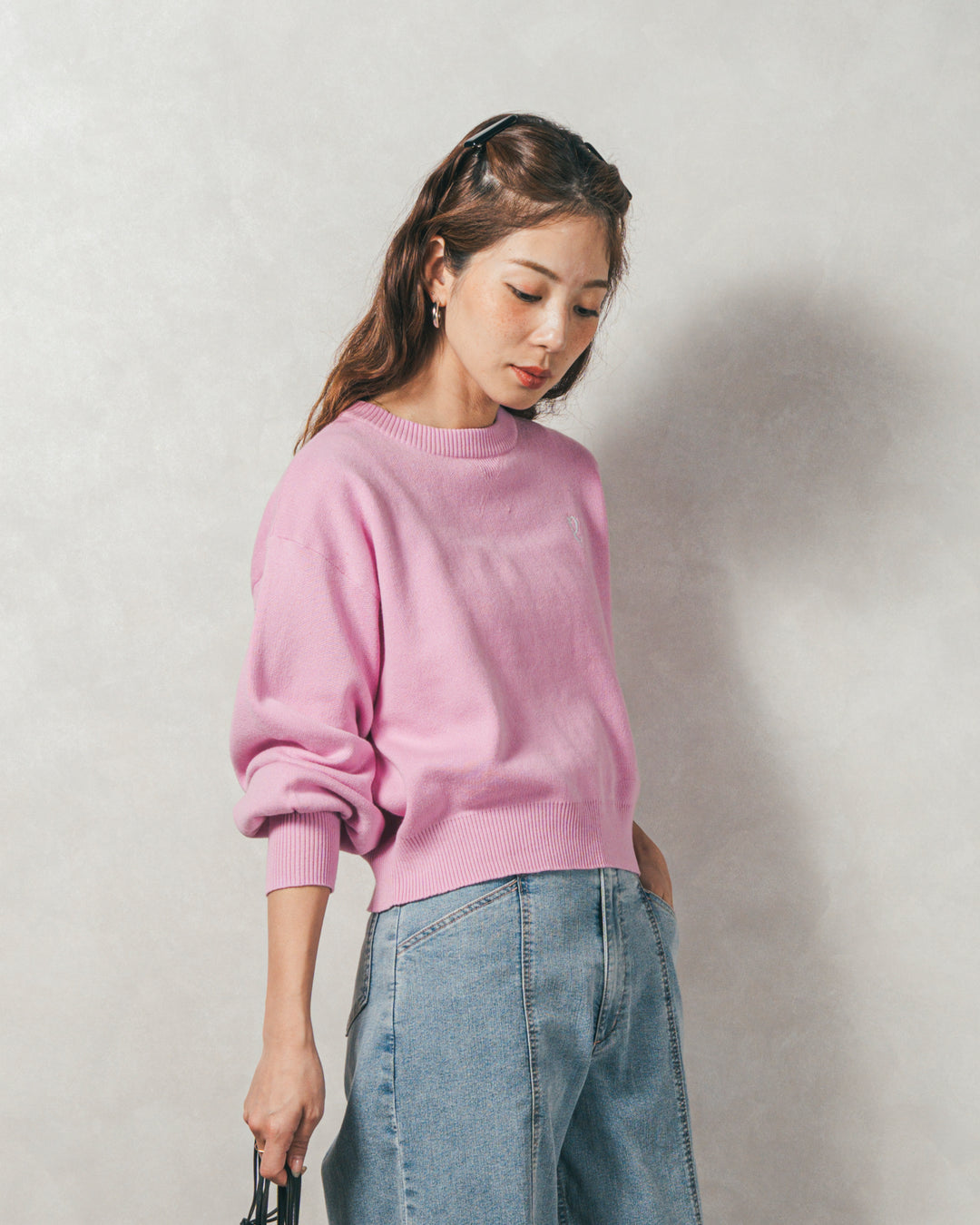 スウェットライクロゴ刺繍ニット (PINK)