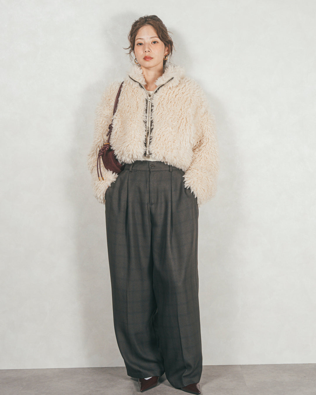 ［SET］プードルボアZipショートコート+メランジチェックStraightパンツ（2SET）