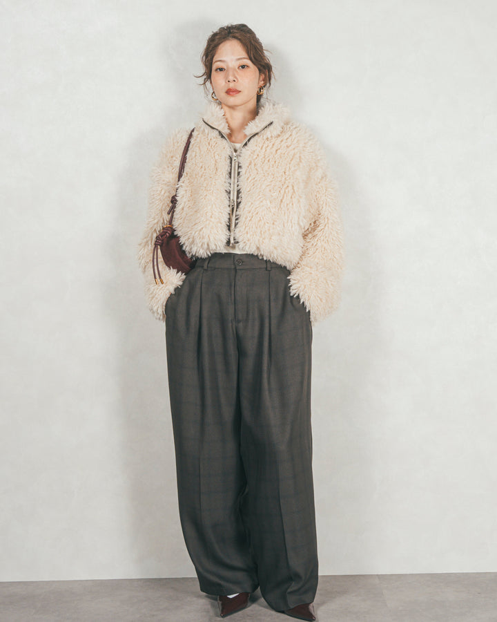 ［SET］プードルボアZipショートコート+メランジチェックStraightパンツ（2SET）