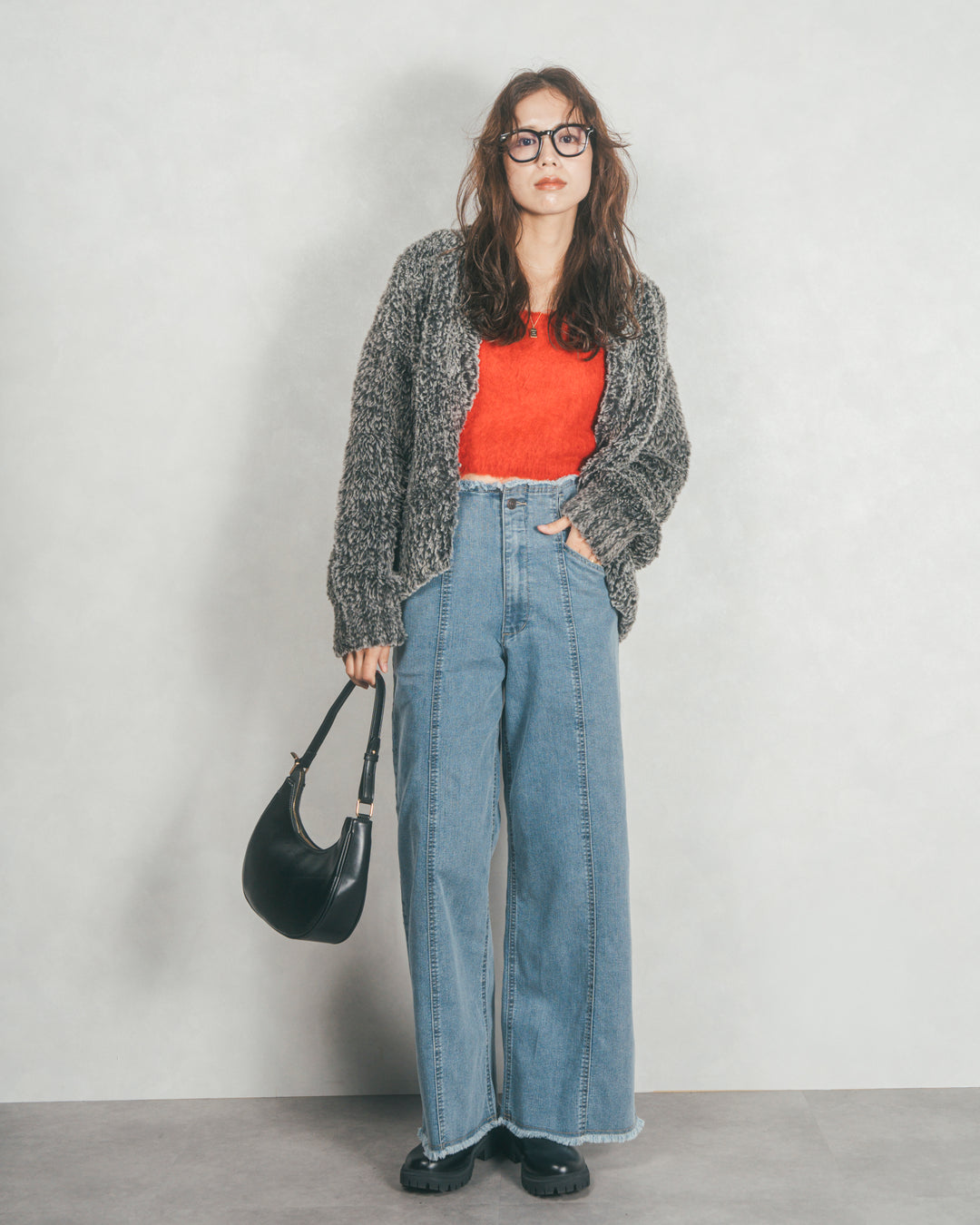 ［SET］ファーニットLuxeカーデコート+センターシーム リラックスワイドデニム（2SET）