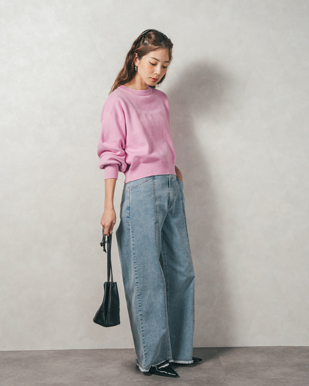 スウェットライクロゴ刺繍ニット (PINK)