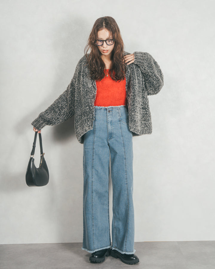 ［SET］ファーニットLuxeカーデコート+センターシーム リラックスワイドデニム（2SET）