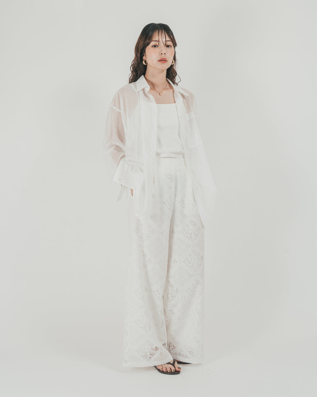 ［SET］Clear Sheer オーバーシャツ + Blockレース　ストレートパンツ（2SET）