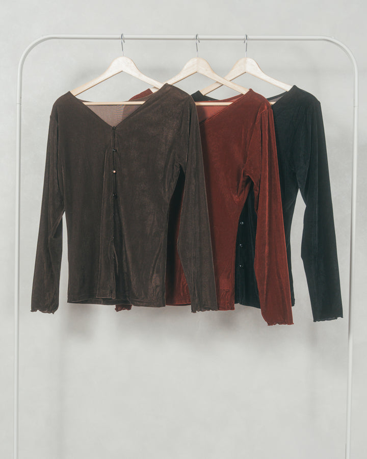 ベロア Vネックカーディガン (BROWN)