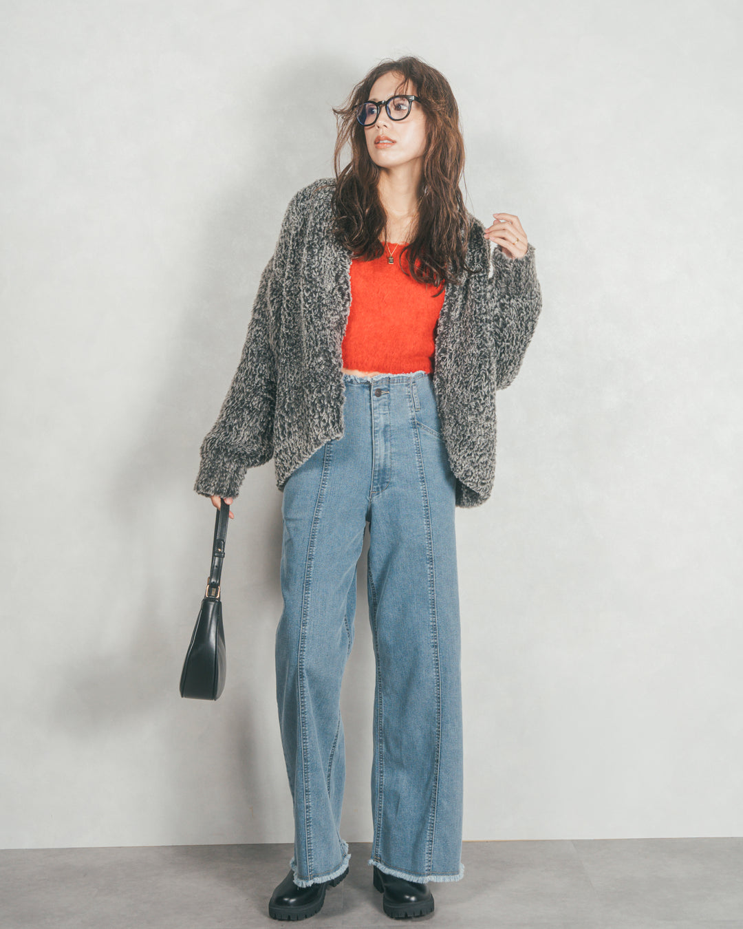 ［SET］ファーニットLuxeカーデコート+センターシーム リラックスワイドデニム（2SET）