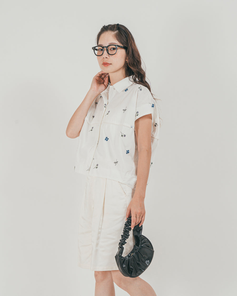 ［SET］Flower刺繍コクーンシャツ + Vintageサテン　ハーフパンツ（2SET）