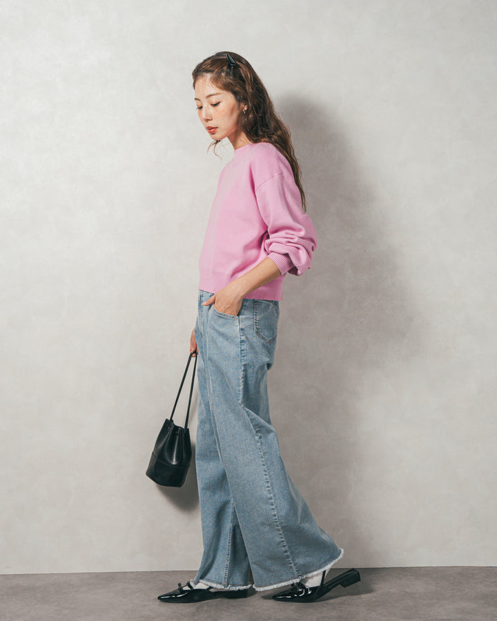 ［SET］スウェットライクロゴ刺繍ニット+センターシーム リラックスカラーデニム（2SET）