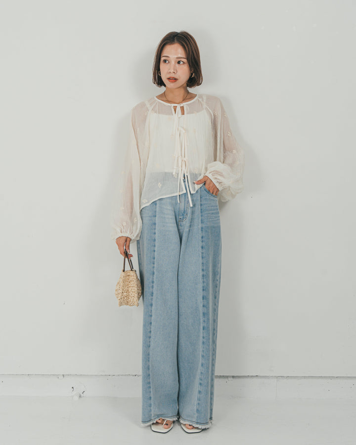 ［SET］フロントリボン刺繍 Veilブラウス + 10oz ニュアンスバイカラー リラックスワイドデニム（2SET）