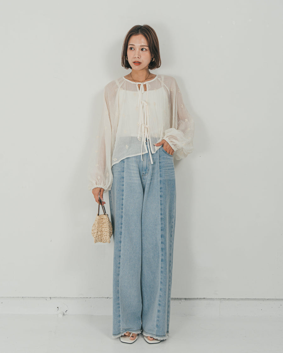 ［SET］フロントリボン刺繍 Veilブラウス + 10oz ニュアンスバイカラー リラックスワイドデニム（2SET）