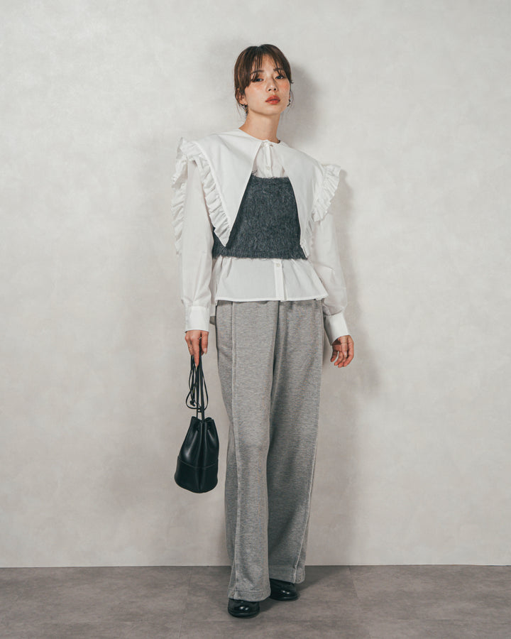 ［SET］2WAYビッグフリルカラーブラウス+モヘアタッチKnitビスチェ+2-Way ウェーブデザインスウェットパンツ（3SET）