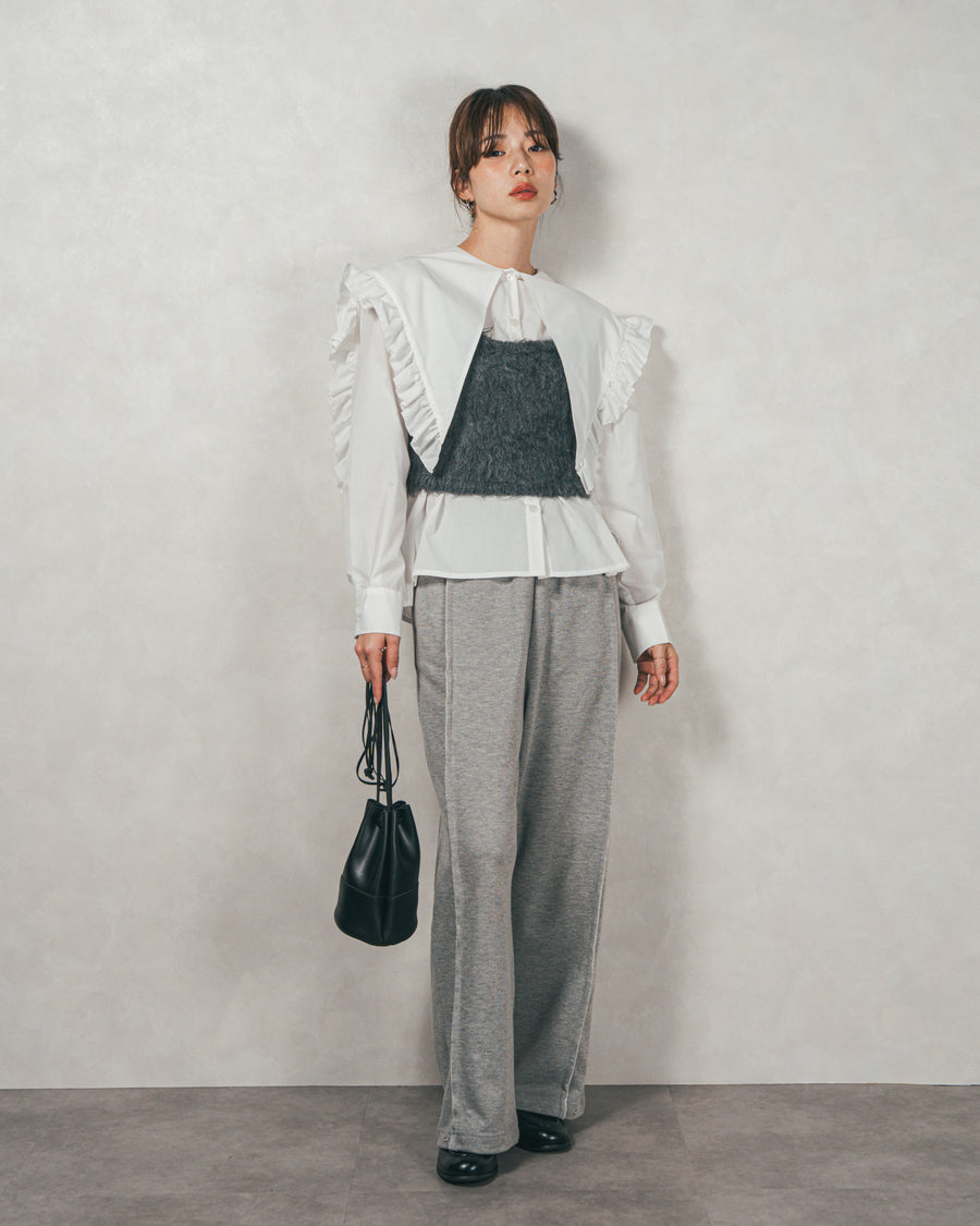 ［SET］2WAYビッグフリルカラーブラウス+モヘアタッチKnitビスチェ+2-Way ウェーブデザインスウェットパンツ（3SET）