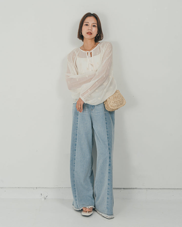 ［SET］フロントリボン刺繍 Veilブラウス + 10oz ニュアンスバイカラー リラックスワイドデニム（2SET）