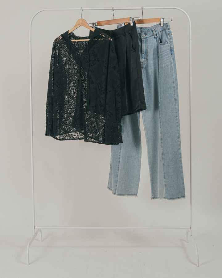 ［SET］Blockレース　フーディーブラウス +Vintageサテン　ハーフパンツ + 10oz ニュアンスバイカラー リラックスワイドデニム（3SET）