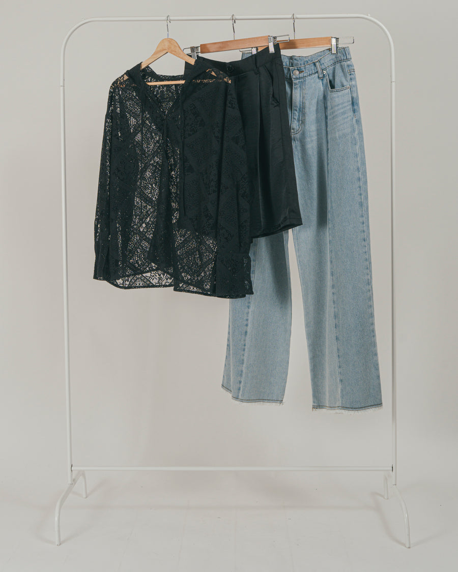 ［SET］Blockレース　フーディーブラウス +Vintageサテン　ハーフパンツ + 10oz ニュアンスバイカラー リラックスワイドデニム（3SET）