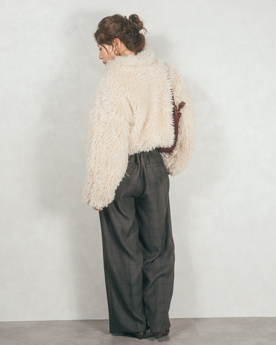 ［SET］プードルボアZipショートコート+メランジチェックStraightパンツ（2SET）