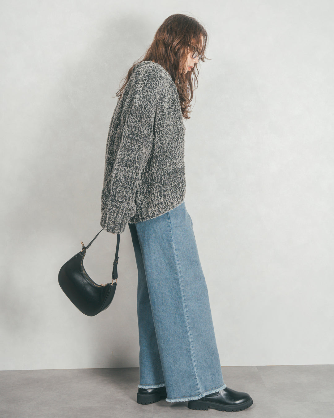 ［SET］ファーニットLuxeカーデコート+センターシーム リラックスワイドデニム（2SET）