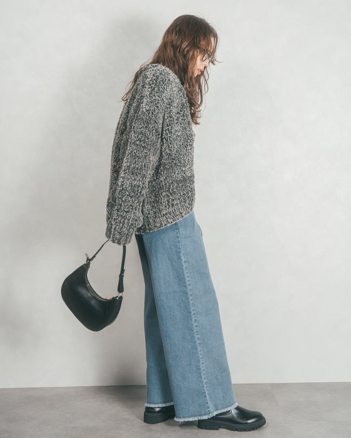 ［SET］ファーニットLuxeカーデコート+センターシーム リラックスワイドデニム（2SET）