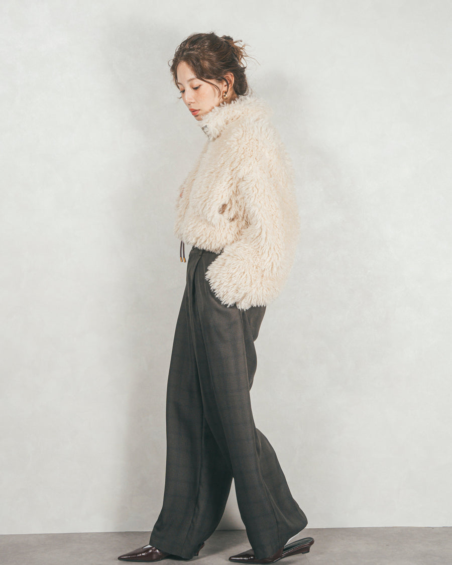 ［SET］プードルボアZipショートコート+メランジチェックStraightパンツ（2SET）