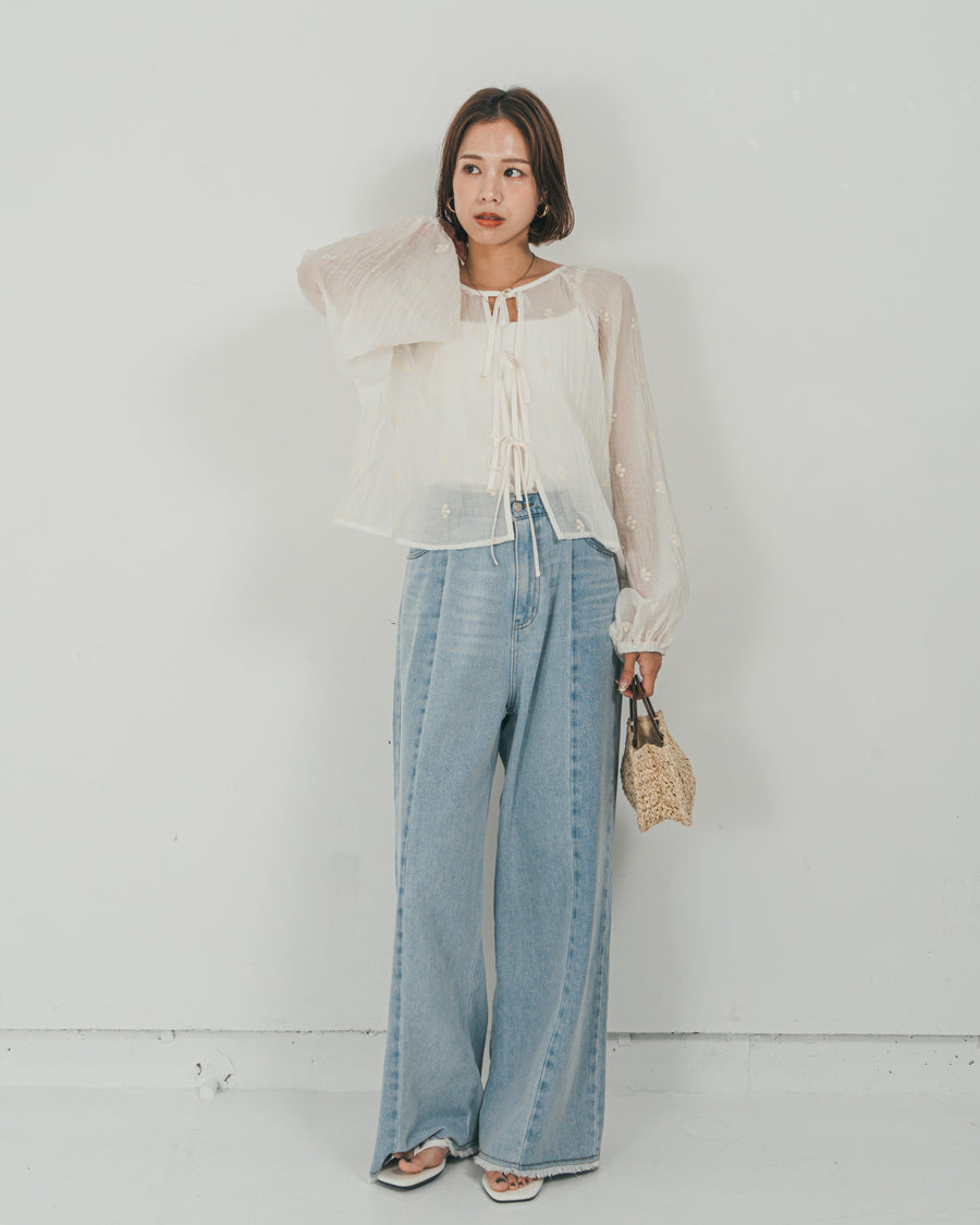 ［SET］フロントリボン刺繍 Veilブラウス + 10oz ニュアンスバイカラー リラックスワイドデニム（2SET）