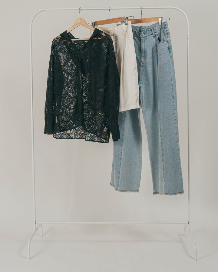 ［SET］Blockレース　フーディーブラウス +Vintageサテン　ハーフパンツ + 10oz ニュアンスバイカラー リラックスワイドデニム（3SET）