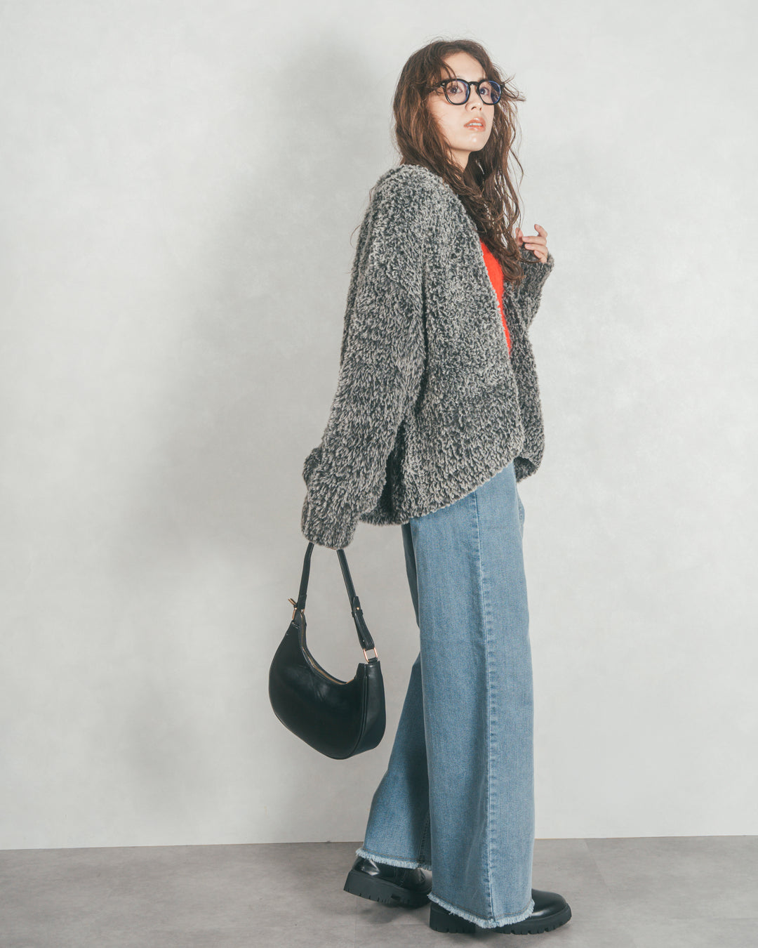 ［SET］ファーニットLuxeカーデコート+センターシーム リラックスワイドデニム（2SET）