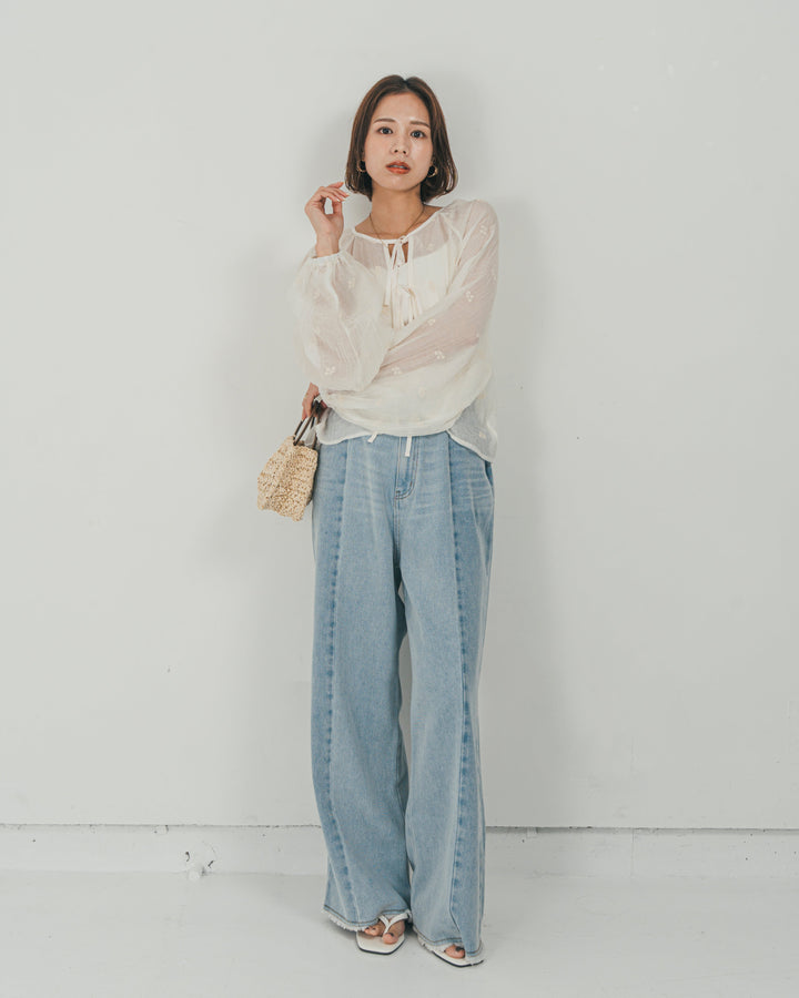 ［SET］フロントリボン刺繍 Veilブラウス + 10oz ニュアンスバイカラー リラックスワイドデニム（2SET）