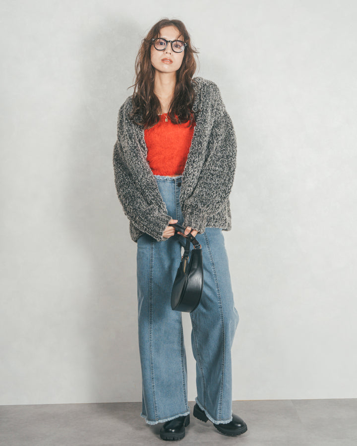 ［SET］ファーニットLuxeカーデコート+センターシーム リラックスワイドデニム（2SET）