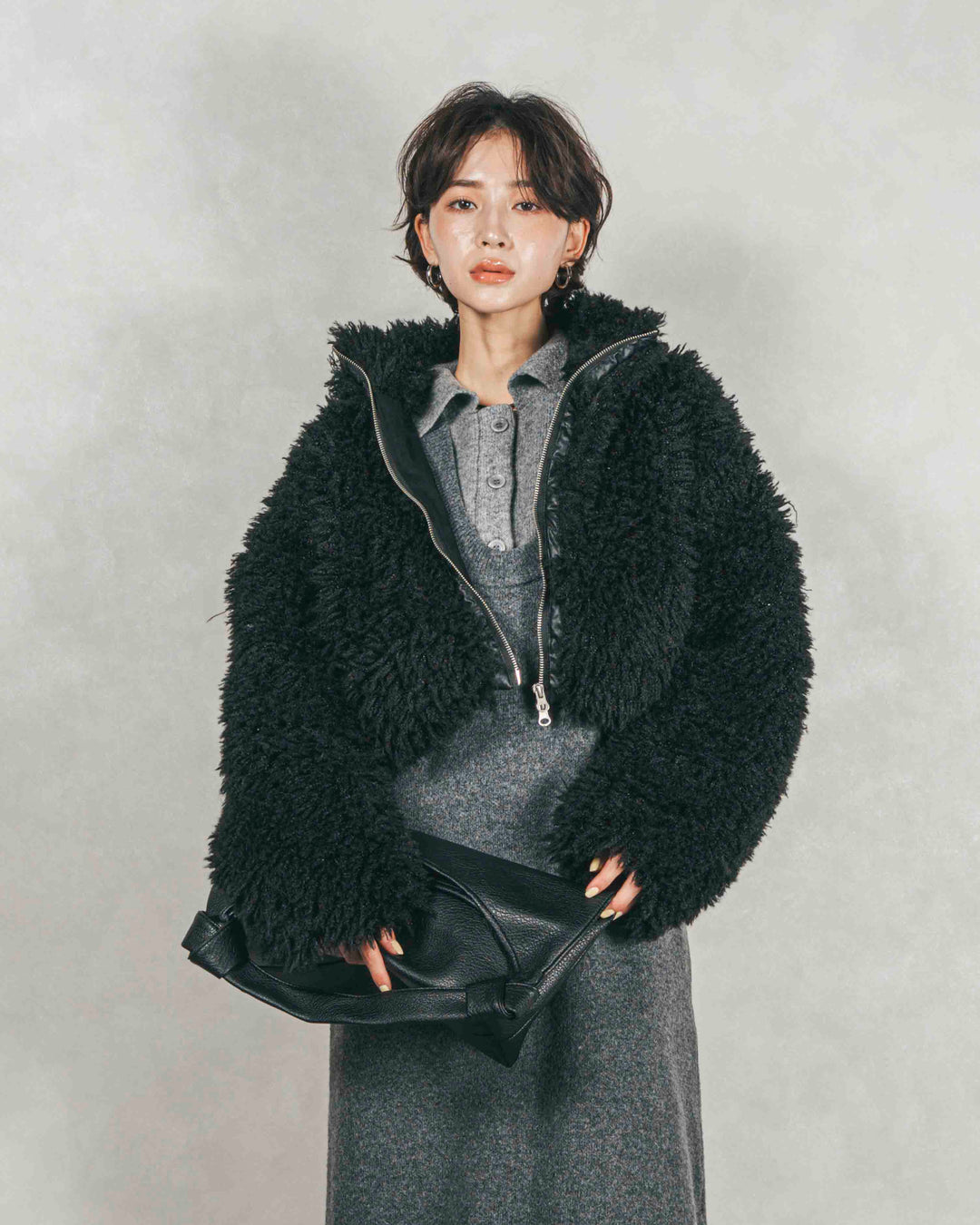 ［SET］プードルボアZipショートコート+メランジKnitロングワンピース（2SET）