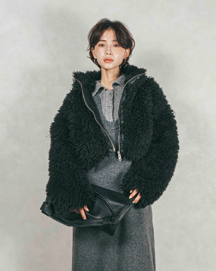 ［SET］プードルボアZipショートコート+メランジKnitロングワンピース（2SET）