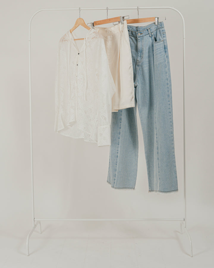 ［SET］Blockレース　フーディーブラウス +Vintageサテン　ハーフパンツ + 10oz ニュアンスバイカラー リラックスワイドデニム（3SET）