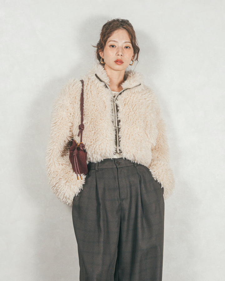 ［SET］プードルボアZipショートコート+メランジチェックStraightパンツ（2SET）